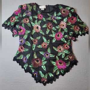 ♡Laurence Kazar Black Floral Sequin Short Sleeve Top B-21